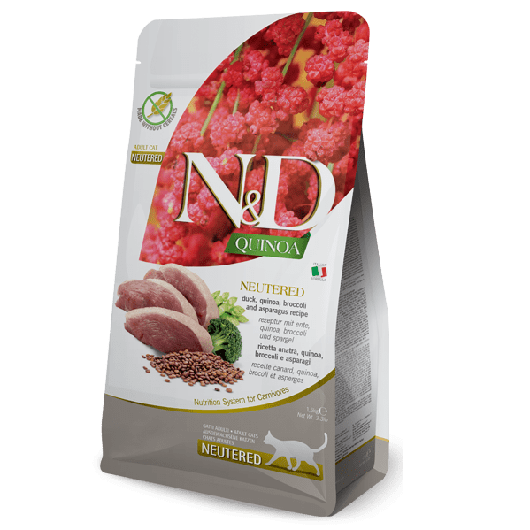 N&D Farmina pienso para Gato Adulto Pato, Quinoa, Brocoli y Espárragos Neutered