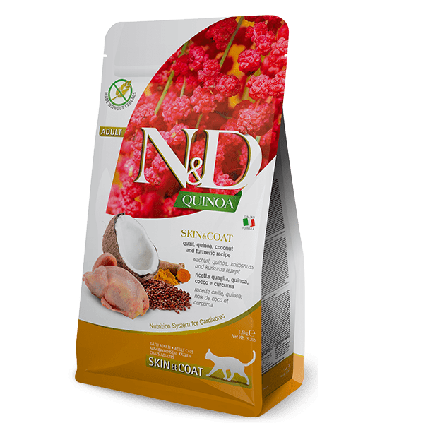 N&D Farmina Skin & Coat pienso para Gato Adulto Codorniz, Quinoa, Coco y Cúrcuma